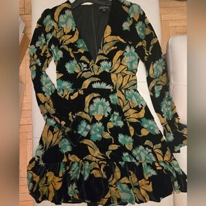 SALONI Velvet Black and Teal Floral Long Sleeve Tiered Mini Dress Size 4
